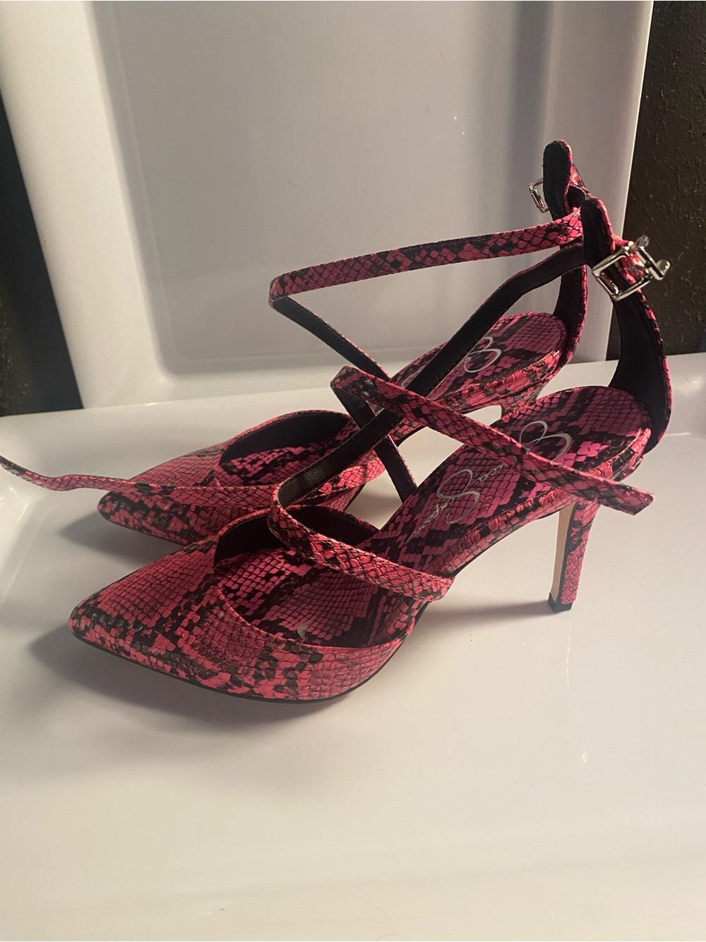 Jessica Simpson Pink Snake-Print Strappy Stiletto Heels
